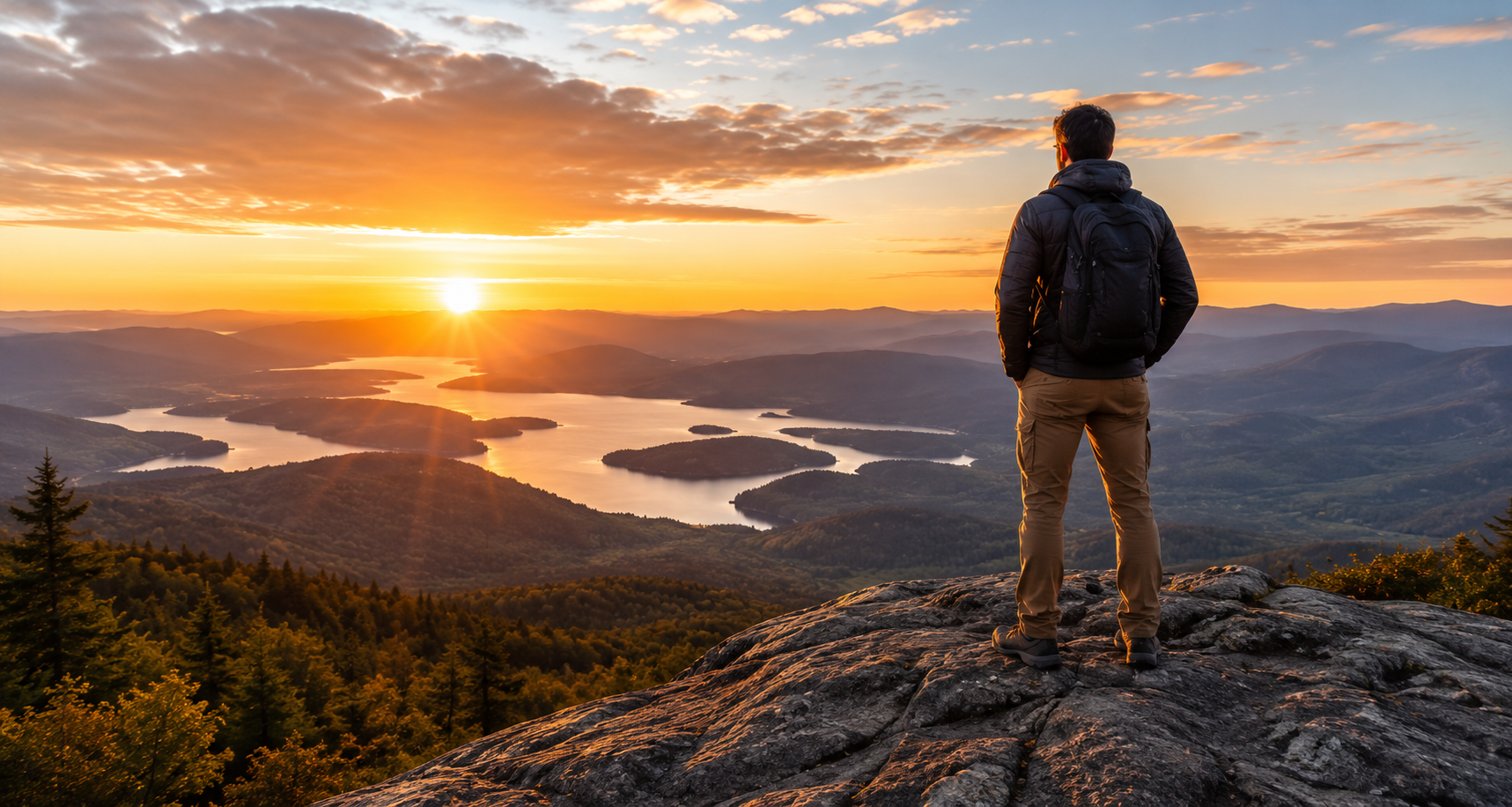 Man standing on a mountain overlook at sunrise, symbolizing strategic perspective, clarity, and direct-to-publisher CTV performance infrastructure.