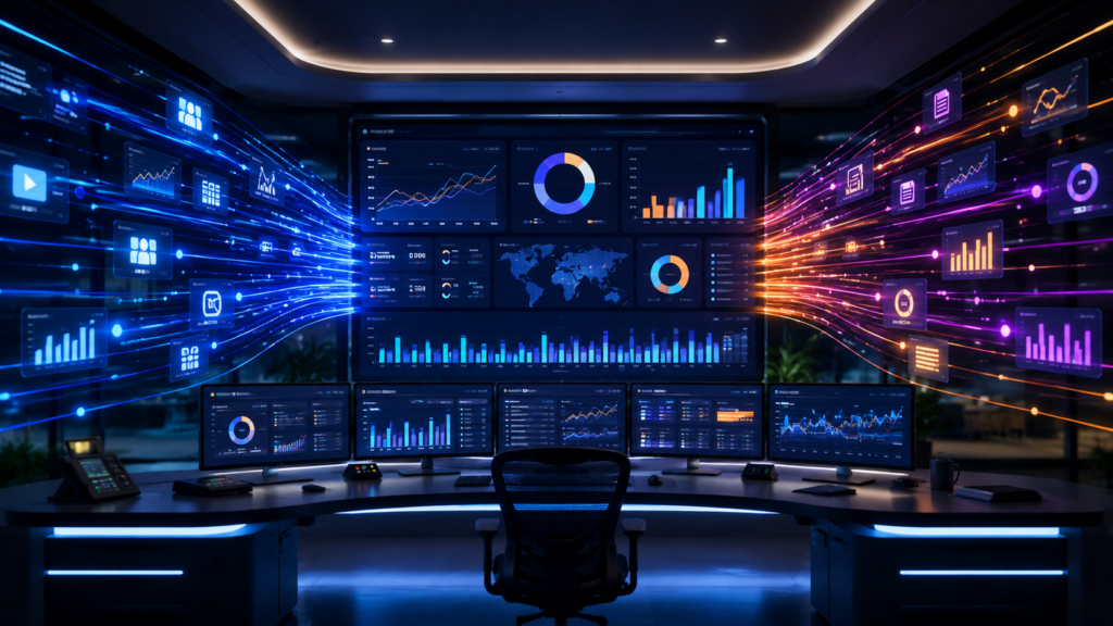 Centralized Connected TV operations dashboard displaying unified campaign analytics, revenue metrics, inventory data, and reporting streams converging into a single control center.