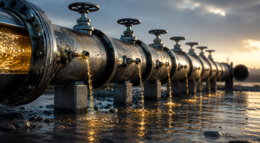 Industrial pipeline leaking glowing liquid from multiple valves, illustrating how hidden fees and intermediaries reduce working media through the Connected TV advertising supply chain.