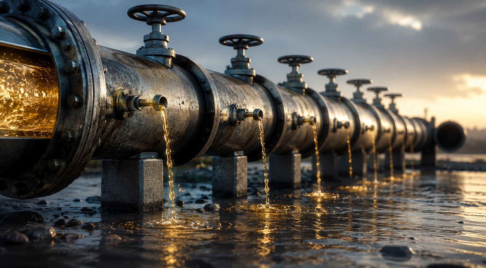 Industrial pipeline leaking glowing liquid from multiple valves, illustrating how hidden fees and intermediaries reduce working media through the Connected TV advertising supply chain.