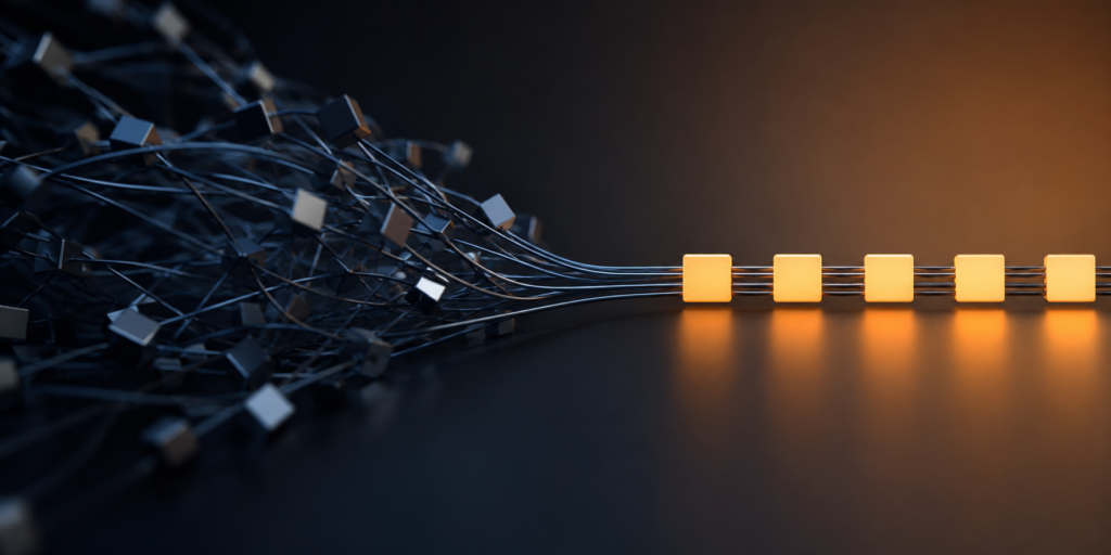 Abstract visualization of numerous interconnected data pathways converging into a simplified, streamlined network, representing reduced supply path complexity and more efficient Connected TV advertising.